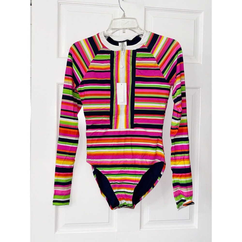 Trina Turk Striped Paddle Suit Rash Guard Medium Swimsuit MSRP: $182.00 - Picture 1 of 7